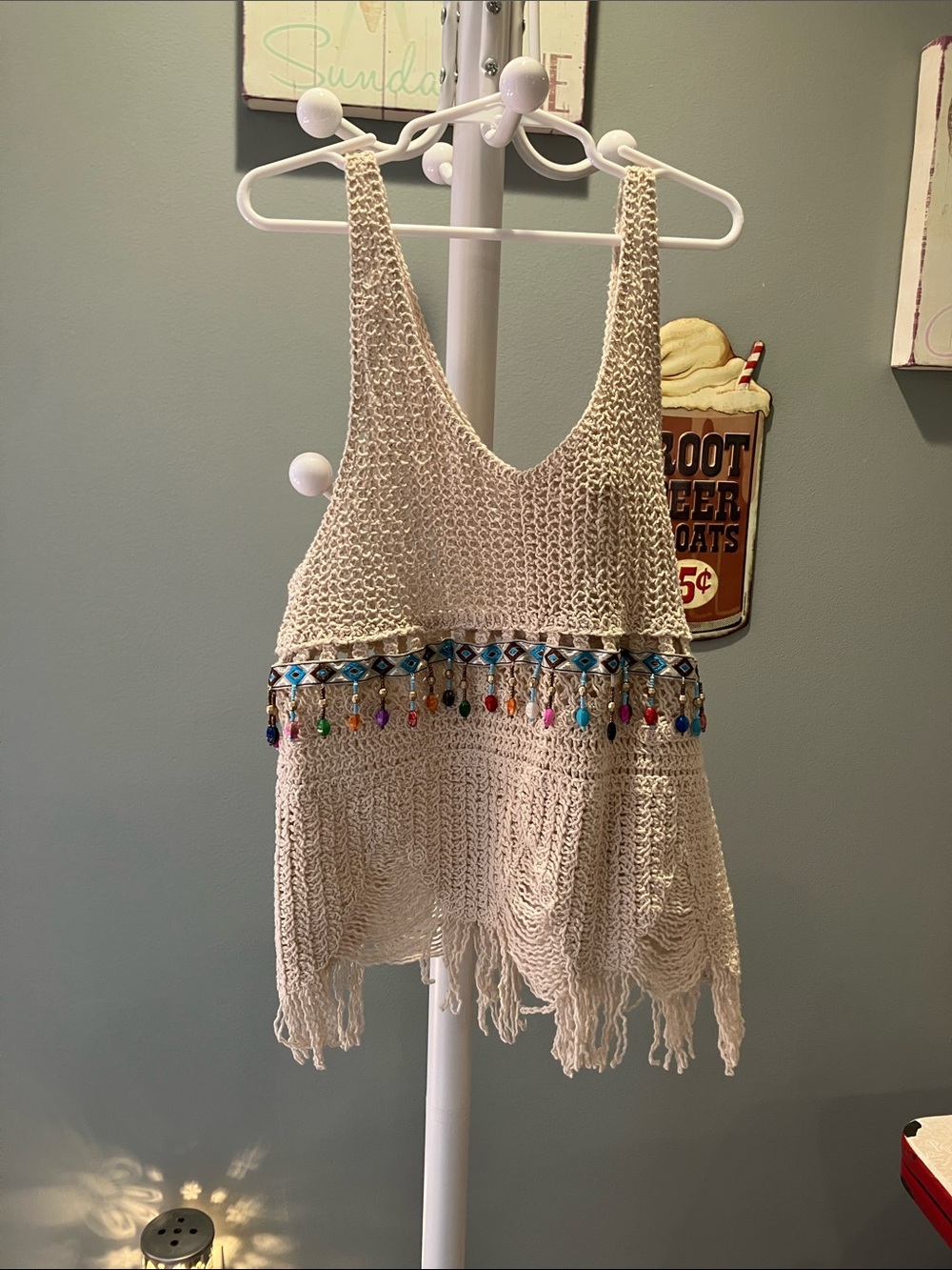 Boho Crochet Fringe Tank Top with Beaded Trim - Cream